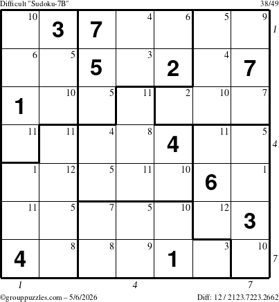 The grouppuzzles.com Difficult Sudoku-7B puzzle for Wednesday May 6, 2026 with all 12 steps marked