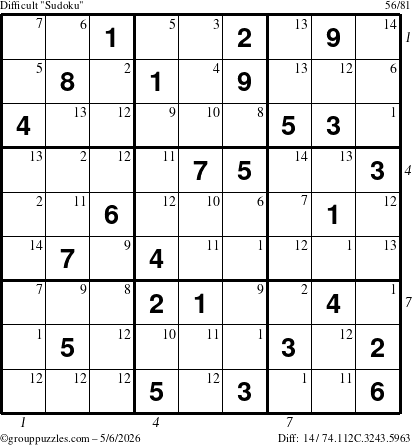 The grouppuzzles.com Difficult Sudoku puzzle for Wednesday May 6, 2026 with all 14 steps marked