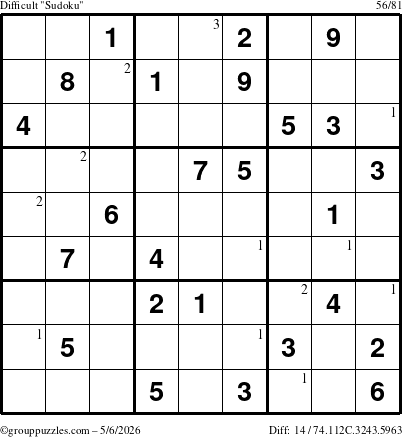 The grouppuzzles.com Difficult Sudoku puzzle for Wednesday May 6, 2026 with the first 3 steps marked