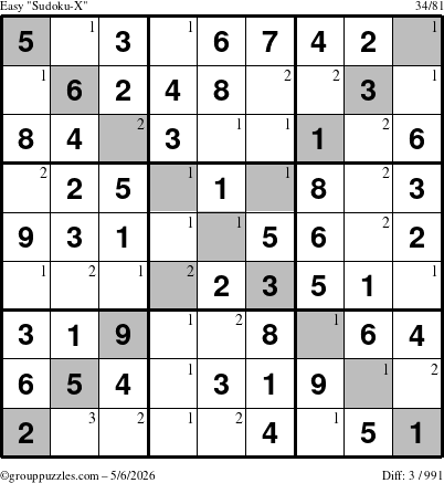 The grouppuzzles.com Easy Sudoku-X puzzle for Wednesday May 6, 2026 with the first 3 steps marked