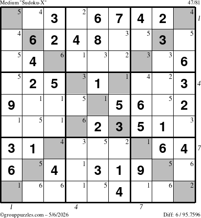 The grouppuzzles.com Medium Sudoku-X puzzle for Wednesday May 6, 2026, suitable for printing, with all 6 steps marked