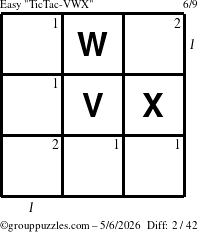 The grouppuzzles.com Easy TicTac-VWX puzzle for Wednesday May 6, 2026, suitable for printing, with all 2 steps marked