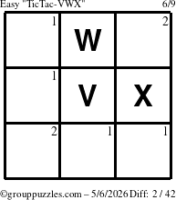 The grouppuzzles.com Easy TicTac-VWX puzzle for Wednesday May 6, 2026 with the first 2 steps marked