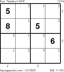The grouppuzzles.com Easy Sudoku-4-5678 puzzle for Monday December 1, 2025, suitable for printing, with all 3 steps marked