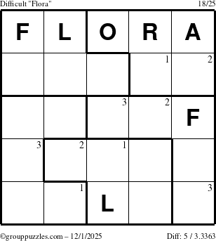 The grouppuzzles.com Difficult Flora puzzle for Monday December 1, 2025 with the first 3 steps marked