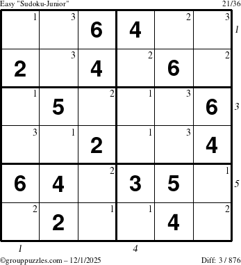 The grouppuzzles.com Easy Sudoku-Junior puzzle for Monday December 1, 2025, suitable for printing, with all 3 steps marked