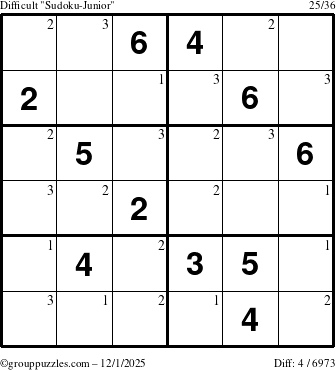 The grouppuzzles.com Difficult Sudoku-Junior puzzle for Monday December 1, 2025 with the first 3 steps marked