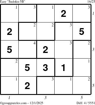 The grouppuzzles.com Easy Sudoku-5B puzzle for Monday December 1, 2025 with all 4 steps marked