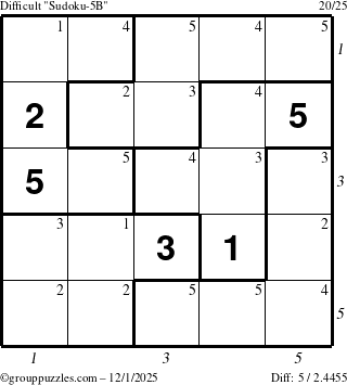 The grouppuzzles.com Difficult Sudoku-5B puzzle for Monday December 1, 2025, suitable for printing, with all 5 steps marked