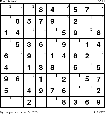 The grouppuzzles.com Easy Sudoku puzzle for Monday December 1, 2025 with the first 3 steps marked