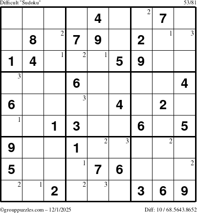 The grouppuzzles.com Difficult Sudoku puzzle for Monday December 1, 2025 with the first 3 steps marked