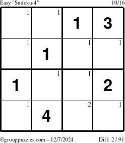 The grouppuzzles.com Easy Sudoku-4 puzzle for Saturday December 7, 2024 with the first 2 steps marked