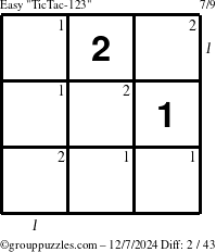 The grouppuzzles.com Easy TicTac-123 puzzle for Saturday December 7, 2024 with all 2 steps marked