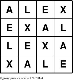 The grouppuzzles.com Answer grid for the Alex puzzle for Saturday December 7, 2024