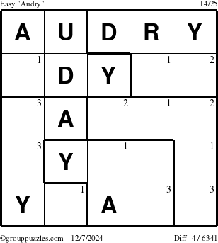 The grouppuzzles.com Easy Audry puzzle for Saturday December 7, 2024 with the first 3 steps marked