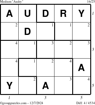 The grouppuzzles.com Medium Audry puzzle for Saturday December 7, 2024, suitable for printing, with all 4 steps marked