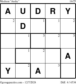 The grouppuzzles.com Medium Audry puzzle for Saturday December 7, 2024 with the first 3 steps marked