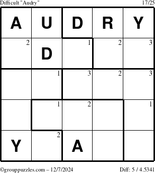 The grouppuzzles.com Difficult Audry puzzle for Saturday December 7, 2024 with the first 3 steps marked