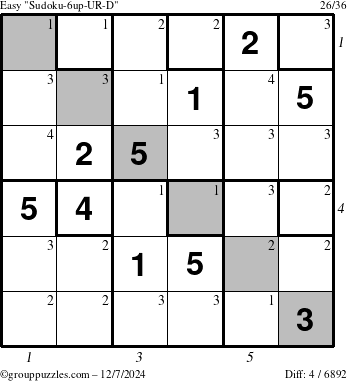 The grouppuzzles.com Easy Sudoku-6up-UR-D puzzle for Saturday December 7, 2024 with all 4 steps marked