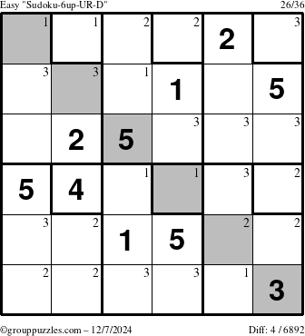 The grouppuzzles.com Easy Sudoku-6up-UR-D puzzle for Saturday December 7, 2024 with the first 3 steps marked