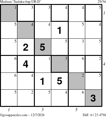 The grouppuzzles.com Medium Sudoku-6up-UR-D puzzle for Saturday December 7, 2024, suitable for printing, with all 6 steps marked