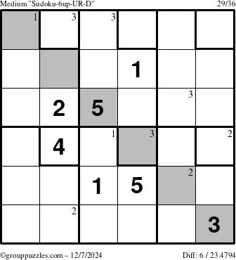 The grouppuzzles.com Medium Sudoku-6up-UR-D puzzle for Saturday December 7, 2024 with the first 3 steps marked