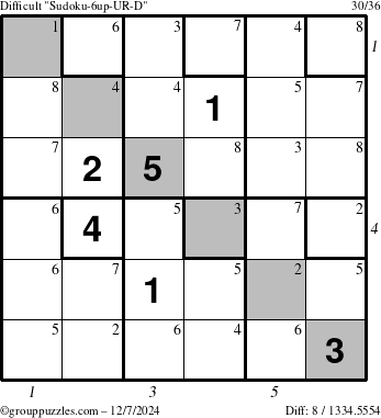 The grouppuzzles.com Difficult Sudoku-6up-UR-D puzzle for Saturday December 7, 2024 with all 8 steps marked