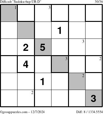 The grouppuzzles.com Difficult Sudoku-6up-UR-D puzzle for Saturday December 7, 2024 with the first 3 steps marked