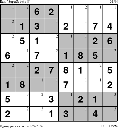 The grouppuzzles.com Easy SuperSudoku-8 puzzle for Saturday December 7, 2024 with the first 3 steps marked