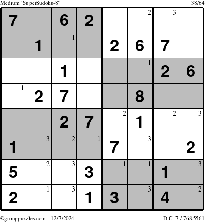 The grouppuzzles.com Medium SuperSudoku-8 puzzle for Saturday December 7, 2024 with the first 3 steps marked