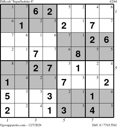 The grouppuzzles.com Difficult SuperSudoku-8 puzzle for Saturday December 7, 2024 with all 8 steps marked