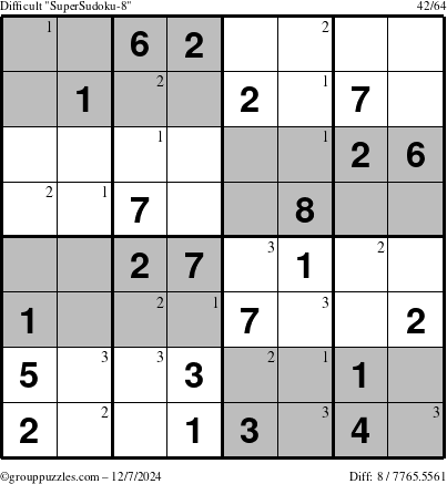 The grouppuzzles.com Difficult SuperSudoku-8 puzzle for Saturday December 7, 2024 with the first 3 steps marked