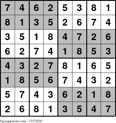 The grouppuzzles.com Answer grid for the SuperSudoku-8 puzzle for Saturday December 7, 2024