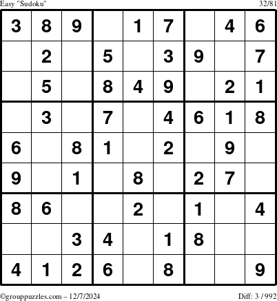 The grouppuzzles.com Easy Sudoku puzzle for Saturday December 7, 2024