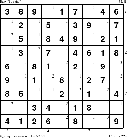 The grouppuzzles.com Easy Sudoku puzzle for Saturday December 7, 2024 with all 3 steps marked