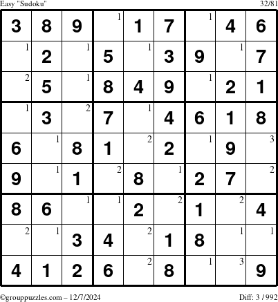 The grouppuzzles.com Easy Sudoku puzzle for Saturday December 7, 2024 with the first 3 steps marked