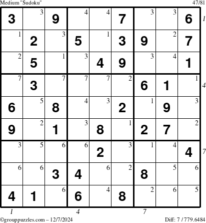 The grouppuzzles.com Medium Sudoku puzzle for Saturday December 7, 2024, suitable for printing, with all 7 steps marked