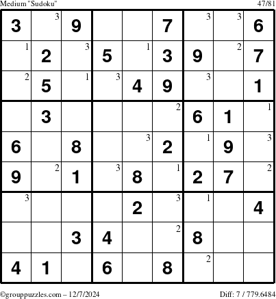 The grouppuzzles.com Medium Sudoku puzzle for Saturday December 7, 2024 with the first 3 steps marked