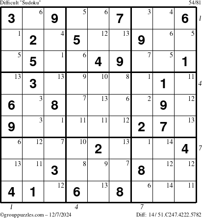 The grouppuzzles.com Difficult Sudoku puzzle for Saturday December 7, 2024 with all 14 steps marked