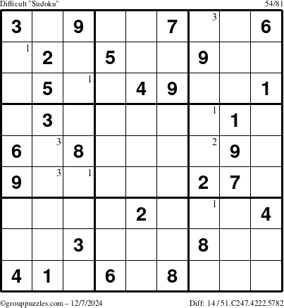 The grouppuzzles.com Difficult Sudoku puzzle for Saturday December 7, 2024 with the first 3 steps marked