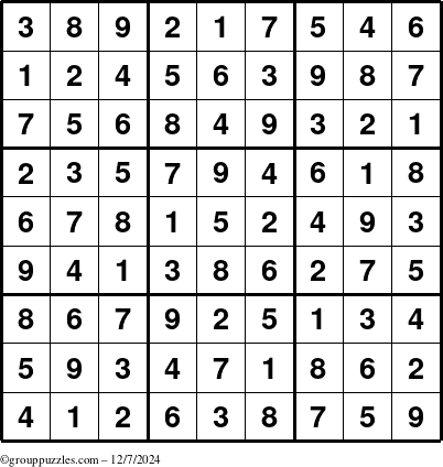 The grouppuzzles.com Answer grid for the Sudoku puzzle for Saturday December 7, 2024