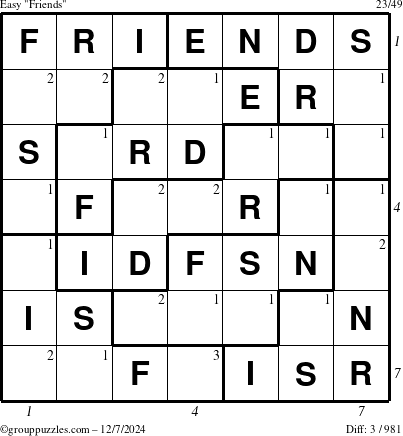 The grouppuzzles.com Easy Friends puzzle for Saturday December 7, 2024 with all 3 steps marked