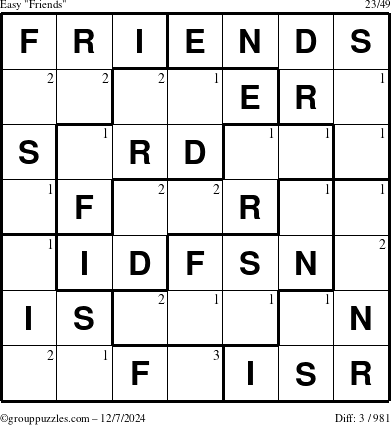 The grouppuzzles.com Easy Friends puzzle for Saturday December 7, 2024 with the first 3 steps marked