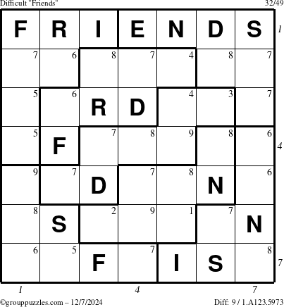 The grouppuzzles.com Difficult Friends puzzle for Saturday December 7, 2024 with all 9 steps marked