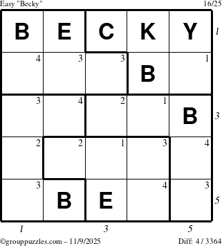 The grouppuzzles.com Easy Becky puzzle for Sunday November 9, 2025 with all 4 steps marked