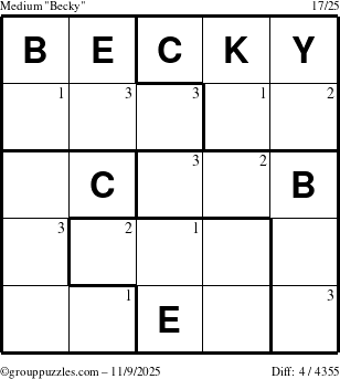 The grouppuzzles.com Medium Becky puzzle for Sunday November 9, 2025 with the first 3 steps marked