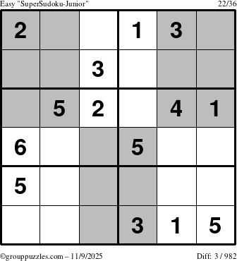The grouppuzzles.com Easy SuperSudoku-Junior puzzle for Sunday November 9, 2025