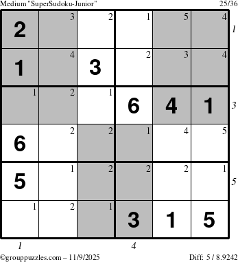 The grouppuzzles.com Medium SuperSudoku-Junior puzzle for Sunday November 9, 2025, suitable for printing, with all 5 steps marked