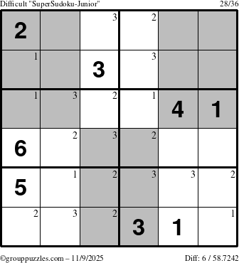 The grouppuzzles.com Difficult SuperSudoku-Junior puzzle for Sunday November 9, 2025 with the first 3 steps marked