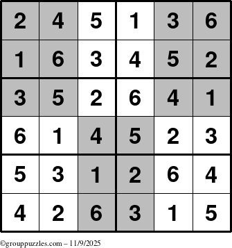 The grouppuzzles.com Answer grid for the SuperSudoku-Junior puzzle for Sunday November 9, 2025